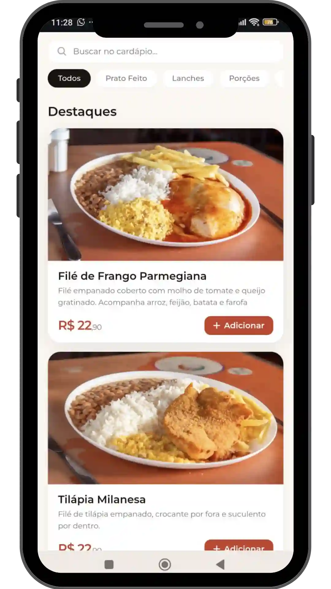 Itens do cardápio com foto grande